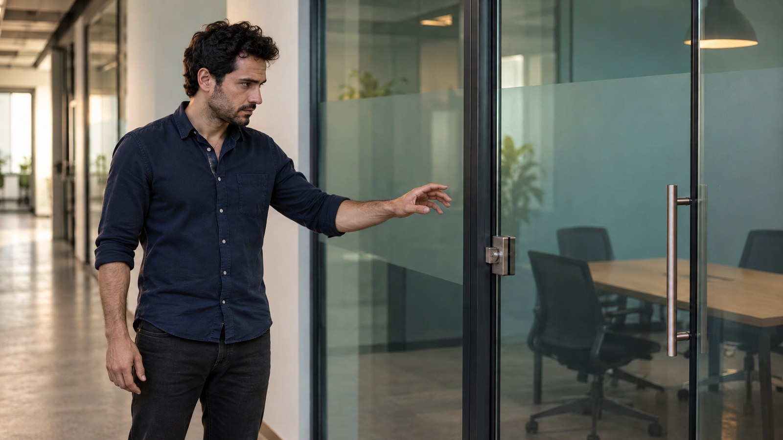 O mesmo homem, firme e decidido, abrindo a porta da reunião